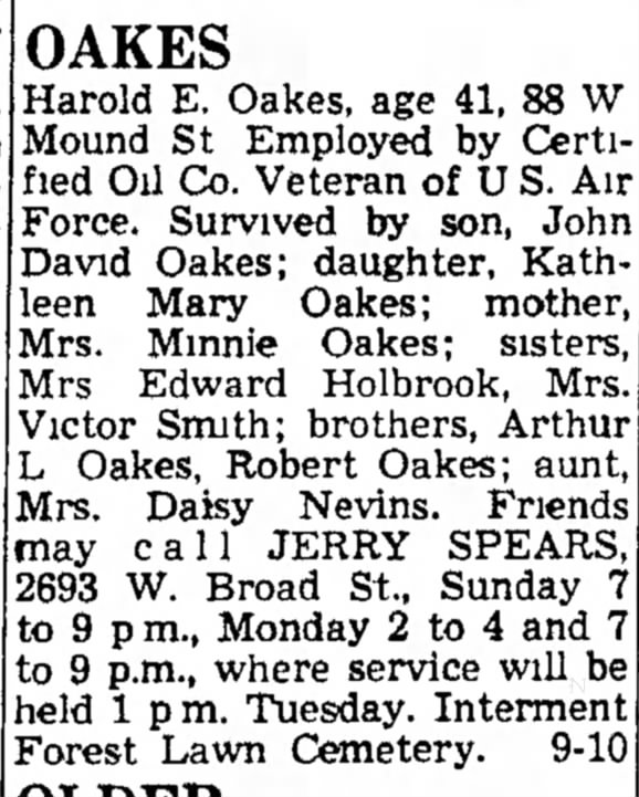 Harold E Oakes, 41 AF Vet dies. Mon Feb 10, 1969