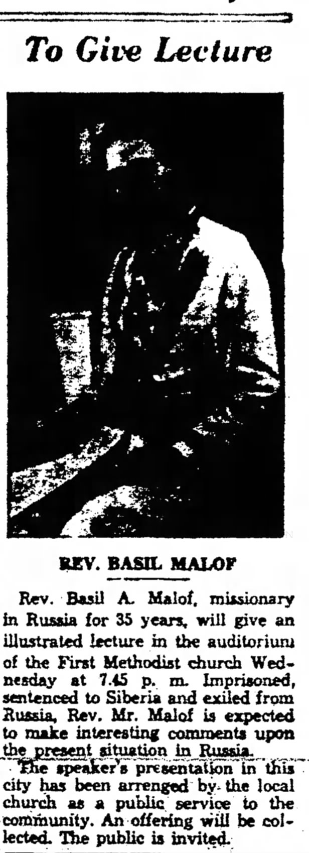 Basil Malof 27 Oct 1941 - Fitchburg Sentinel - Mass