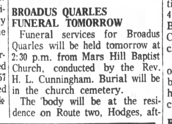 Broadus Quarles Funeral SC 1959