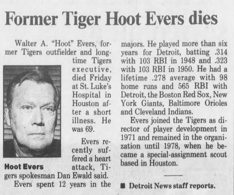 Former Tiger Hoot Evers dies