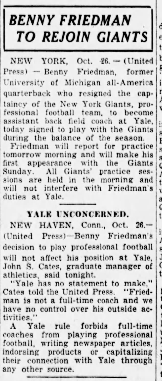Benny Friedman To Rejoin Giants