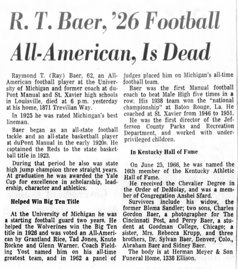 R. T. Baer, '26 Football All-American, Is Dead