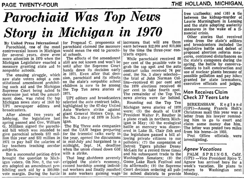 Parochiaid Was Top News Story in Michigan in 1970