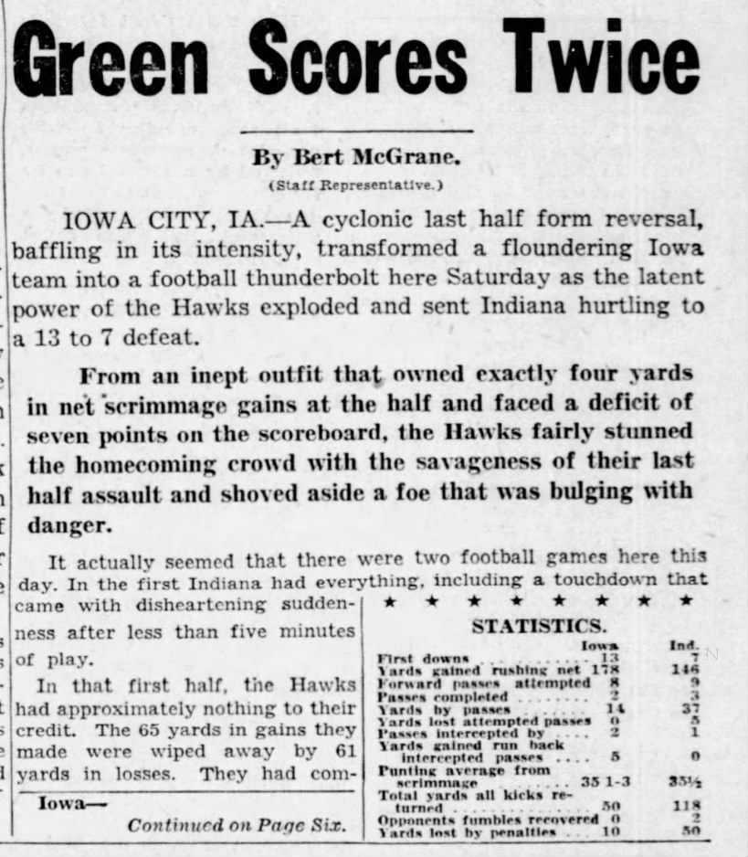 Iowa Turns On Indiana, 13-7: Green Score Twice