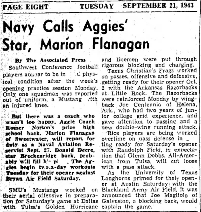Navy Calls Aggies' Star, Marion Flanagan