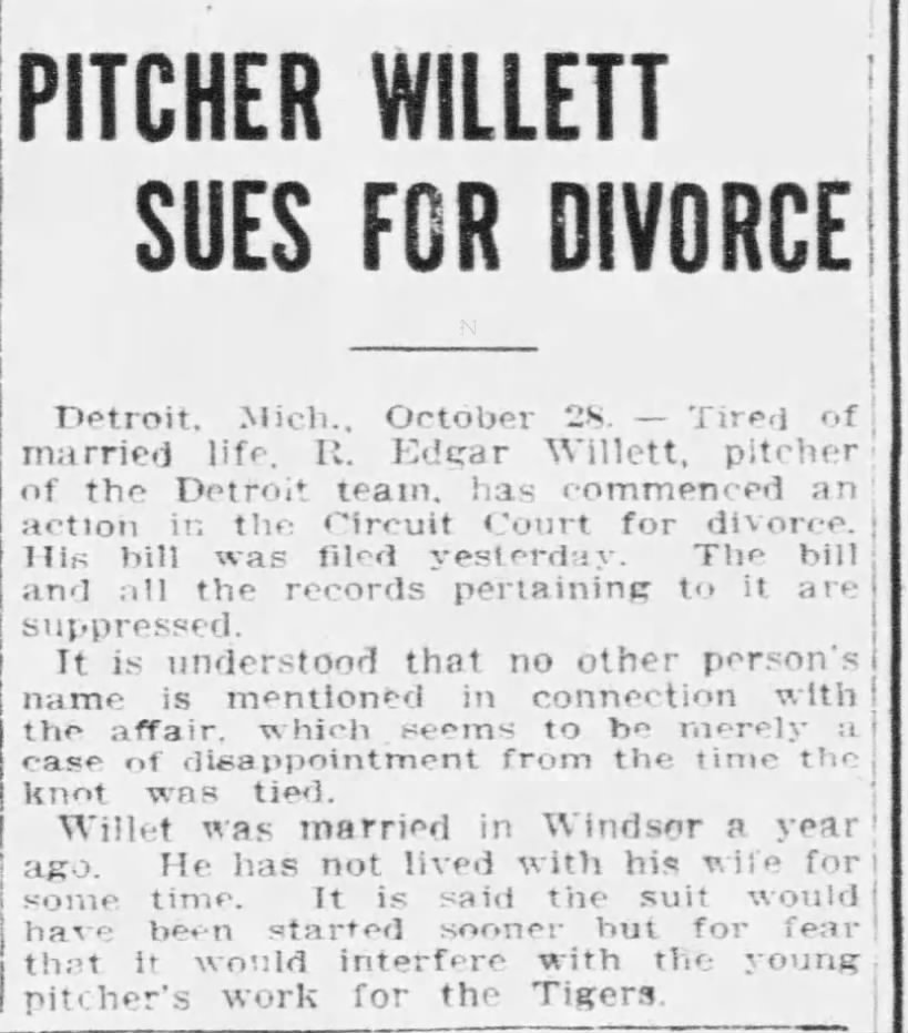 Pitcher Willett Sues For Divorce