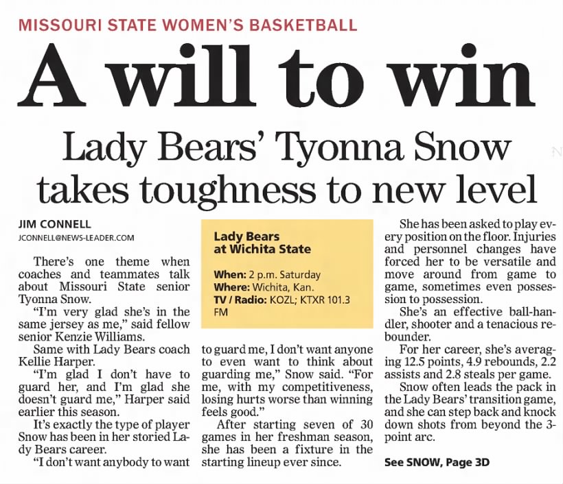 A will to win: Lady Bears' Tyonna Snow takes toughness to new level