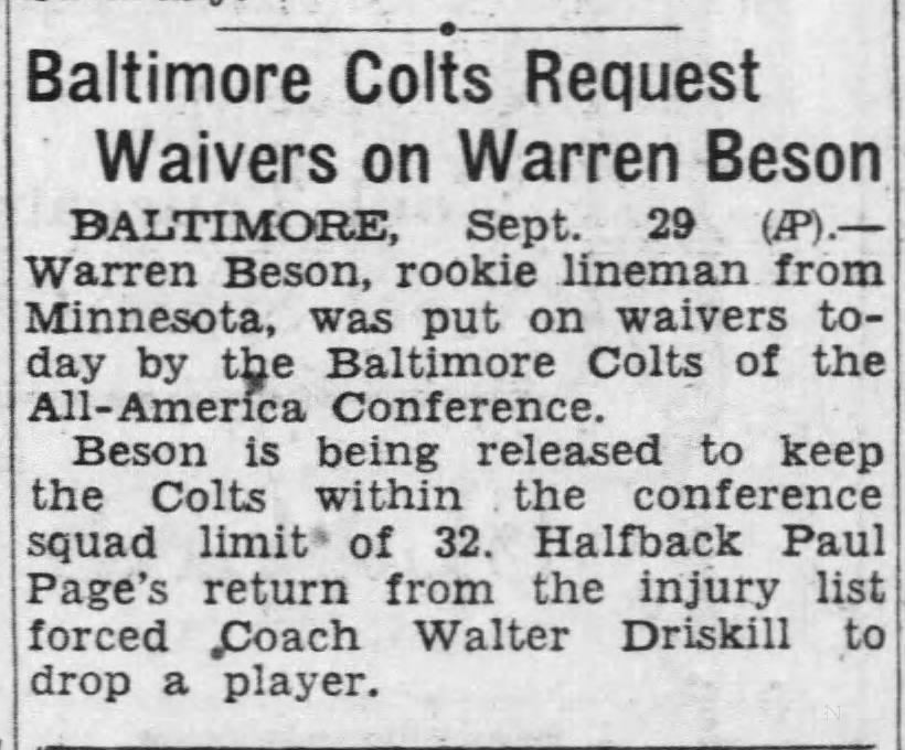 Baltimore Colts Request Waivers on Warren Beson