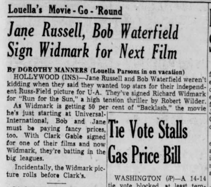Jane Russell, Bob Waterfield Sign Widmark for Next Film