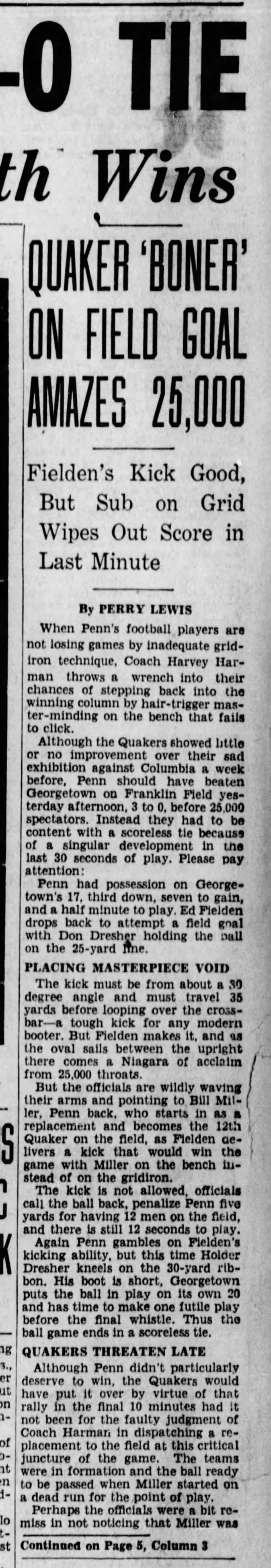 Penn Blunders, Georgetown Gets 0-0 Tie: Quaker 'Boner' on Field Goal Amazes 25,000