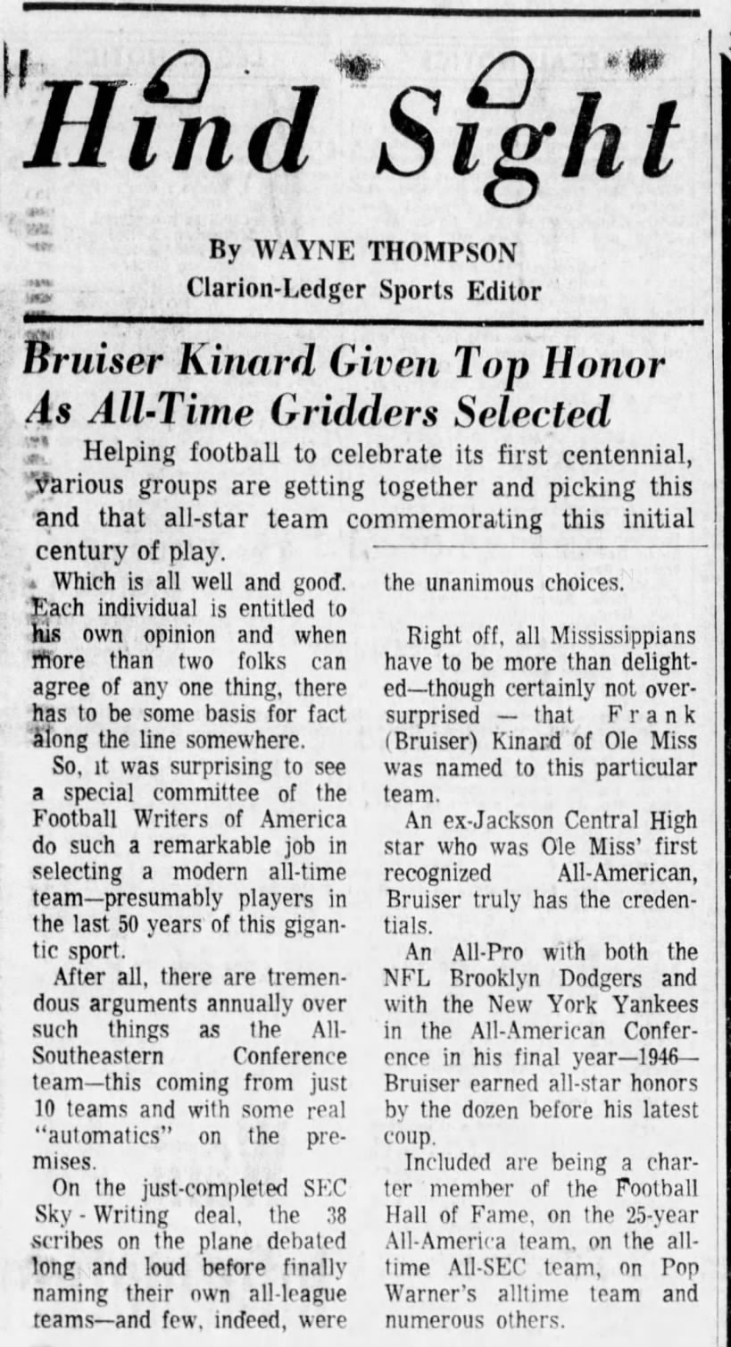 Bruiser Kinard Given Top Honor As All-Time Gridders Selected