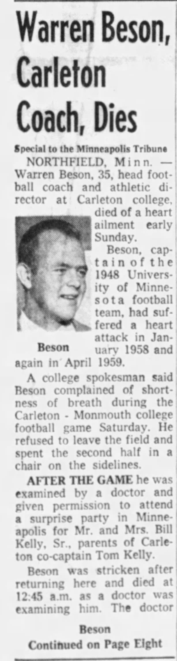 Warren Beson, Carleton Coach, Dies