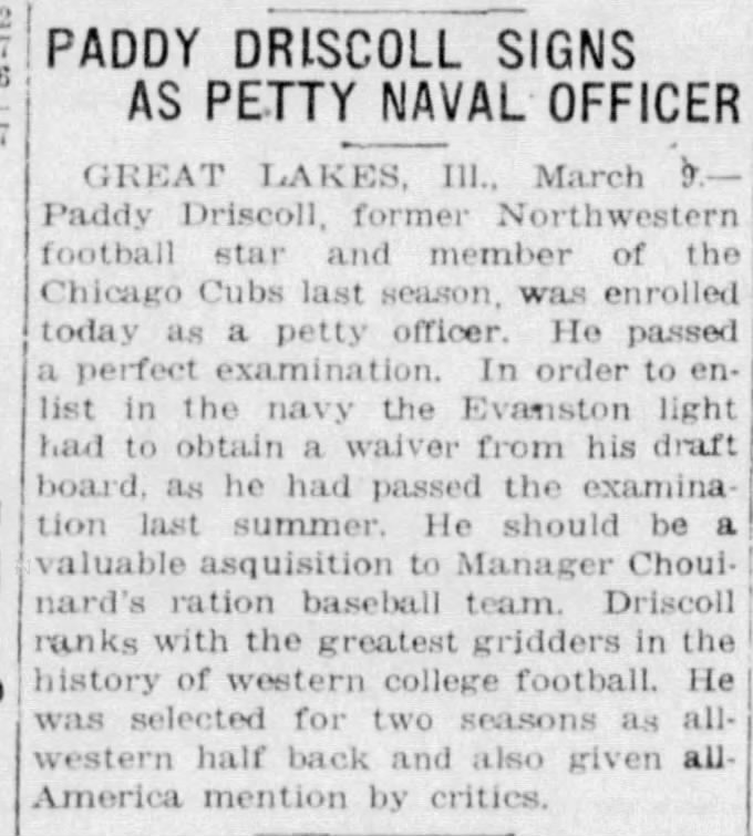Paddy Driscoll Signs As Petty Naval Officer