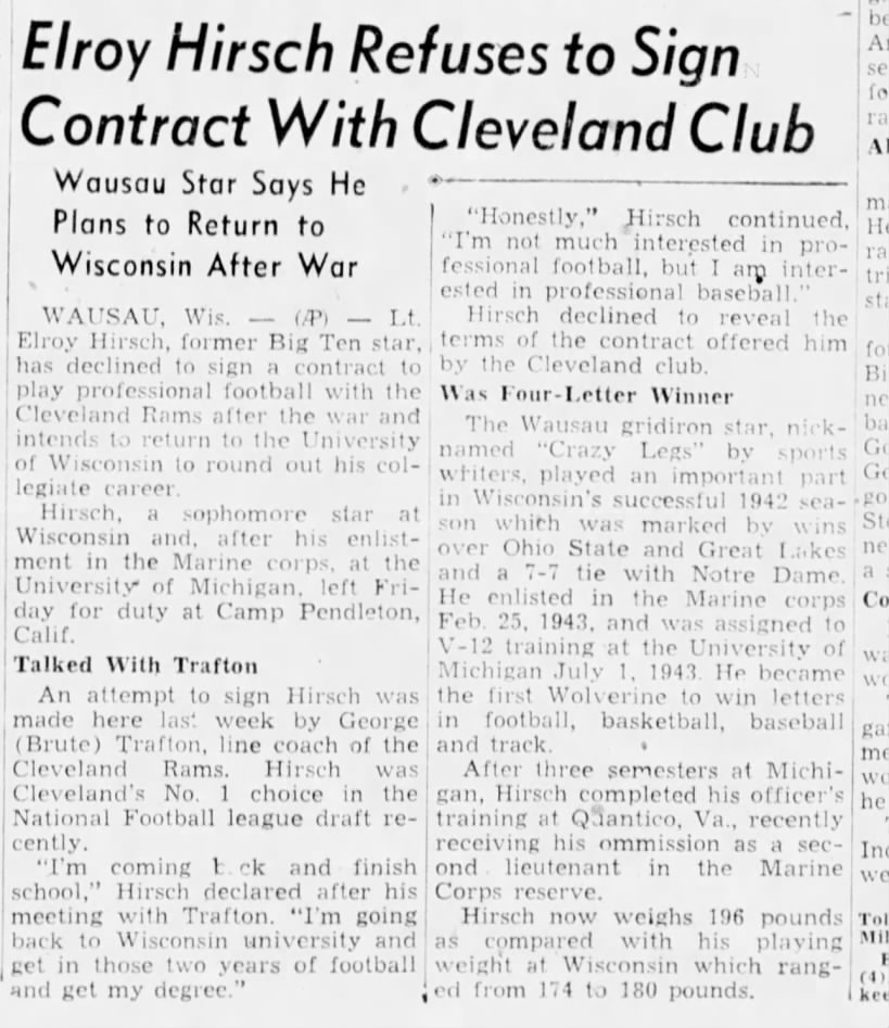 Elroy Hirsch Refuses to Sign Contract With Cleveland Club