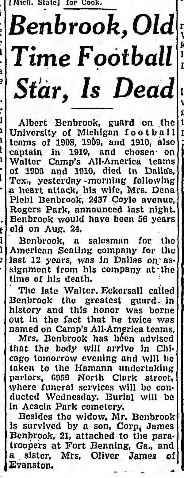 Benbrook, Old Time Football Star, Is Dead
