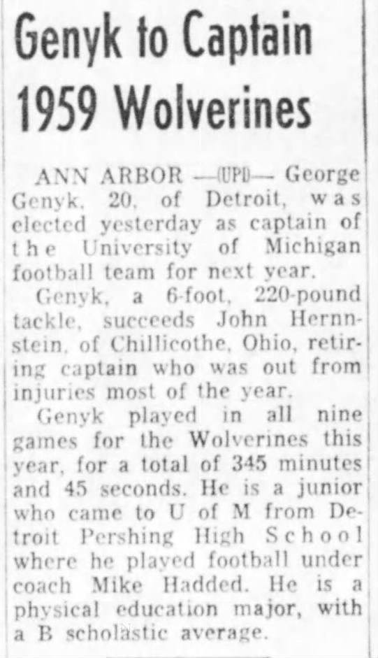 Genyk to Captain 1959 Wolverines