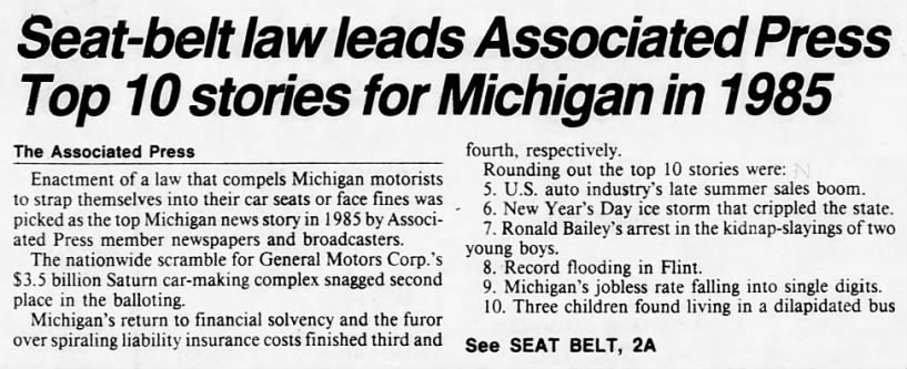 Seat-belt law leads Associated Press Top 10 stories for Michigan in 1985