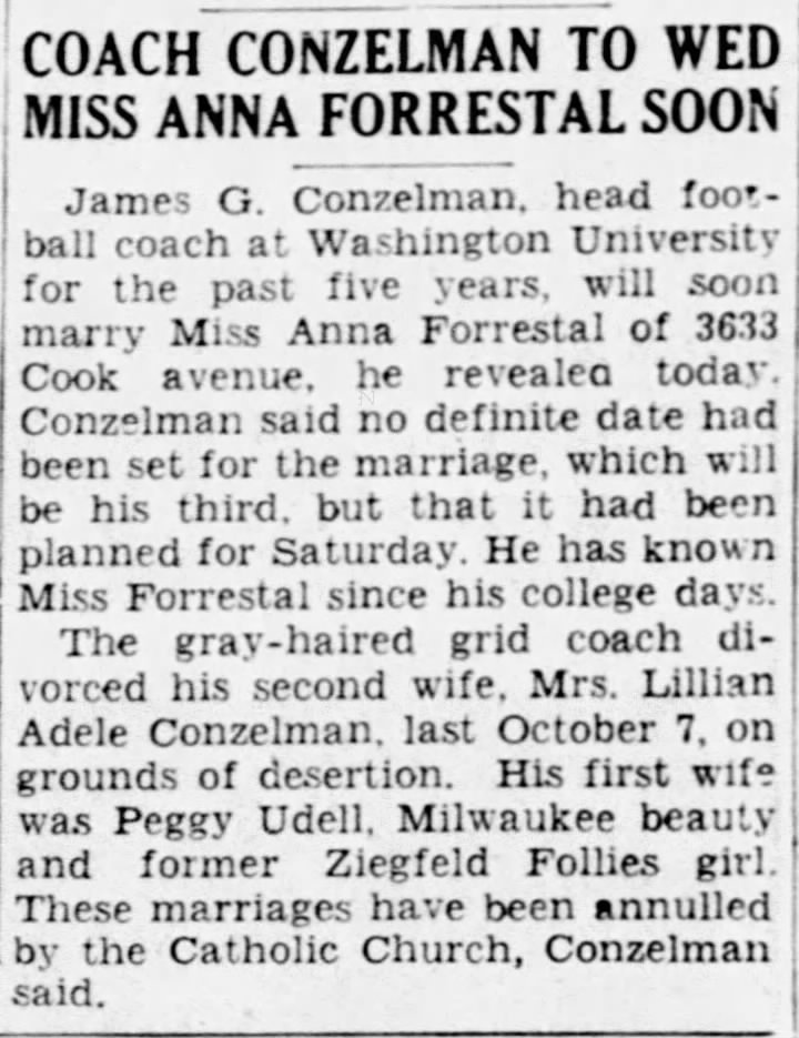 Coach Conzelman To Wed Miss Anna Forrestal Soon
