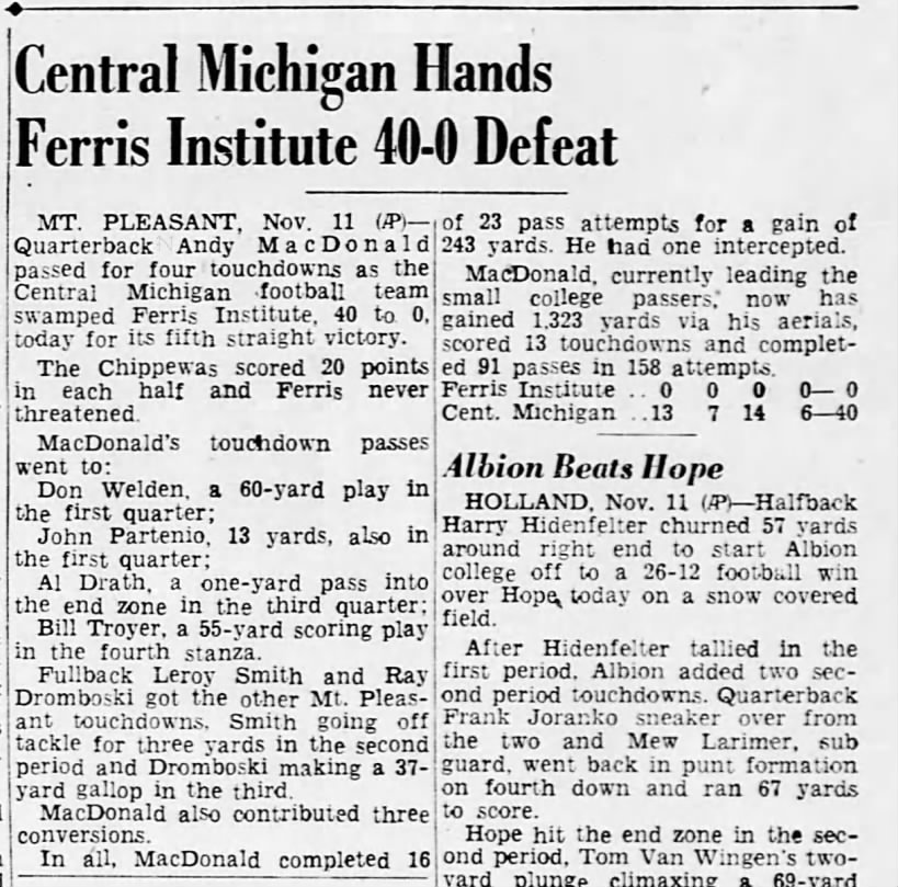Central Michigan Hands Ferris Institute 40-0 Defeat