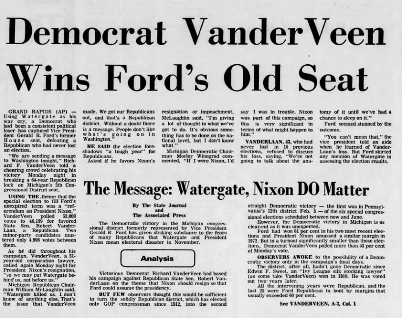 Democrat VanderVeen Wins Ford's Old Seat