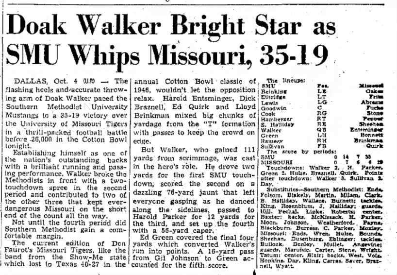 Doak Walker Bright Star as SMU Whips Missouri, 35-19