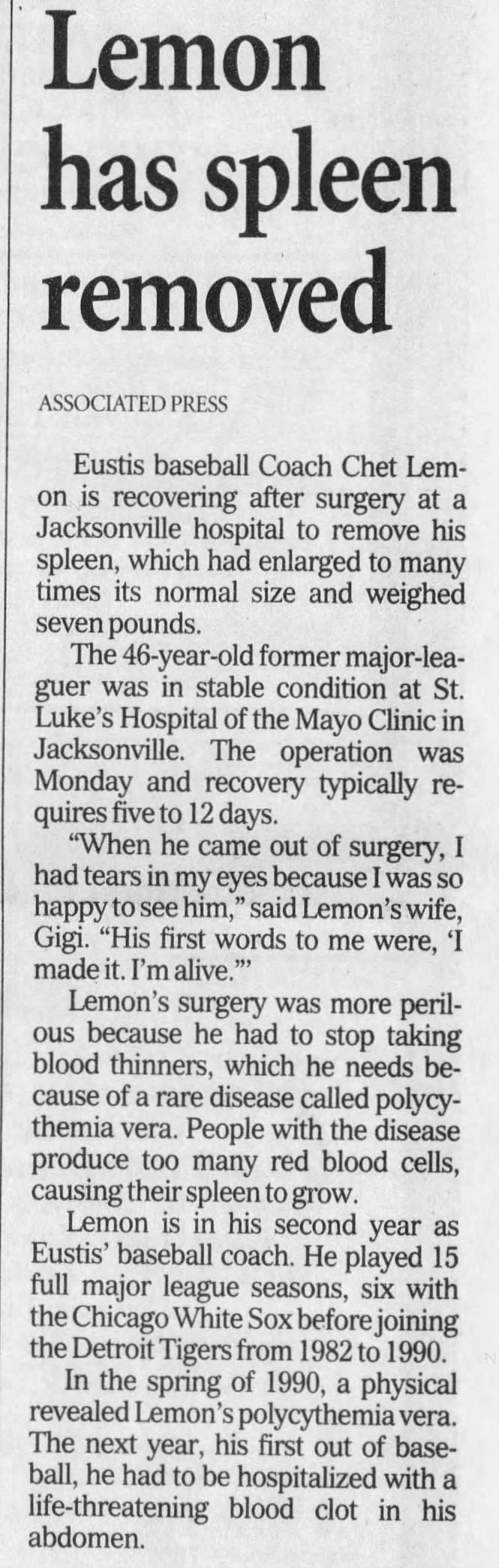 Lemon has spleen removed