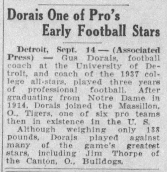 Dorais One of Pro's Early Football Stars