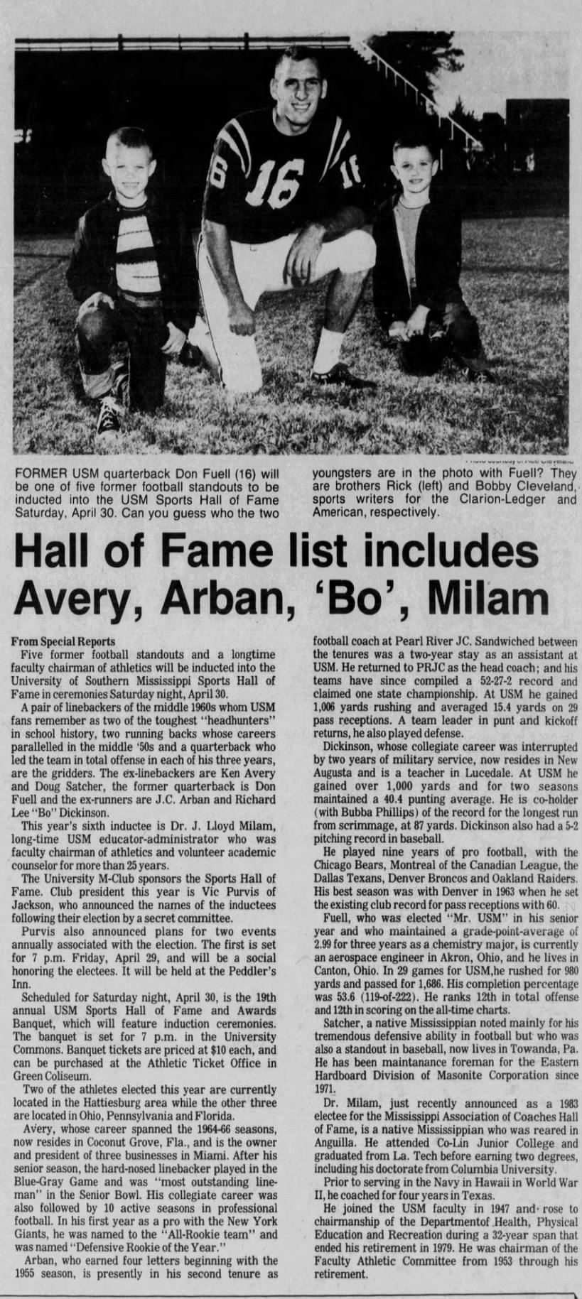 Hall of Fame list includes Avery, Arban, 'Bo', Milam