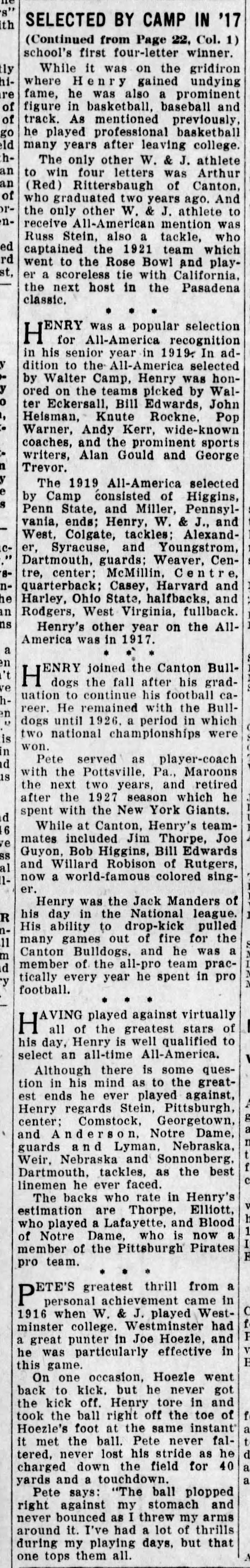Selected By Camp In 1917, 19: Pete Henry Was First W-J Athlete Honored