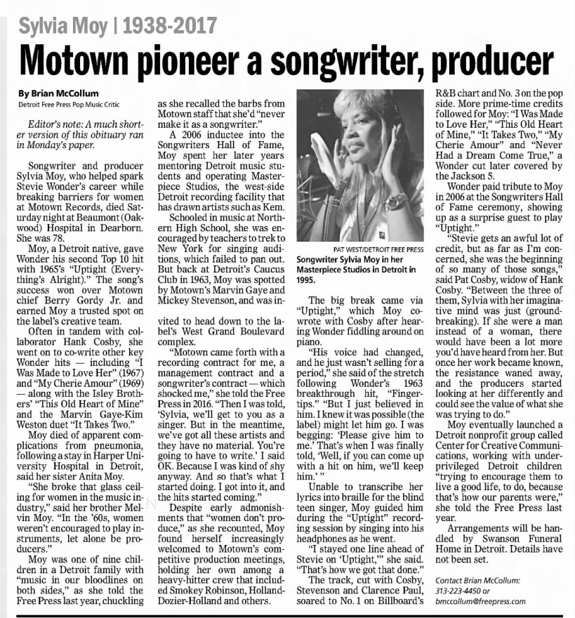 Sylvia Moy 1938-2017: Motown pioneer a songwriter, producer