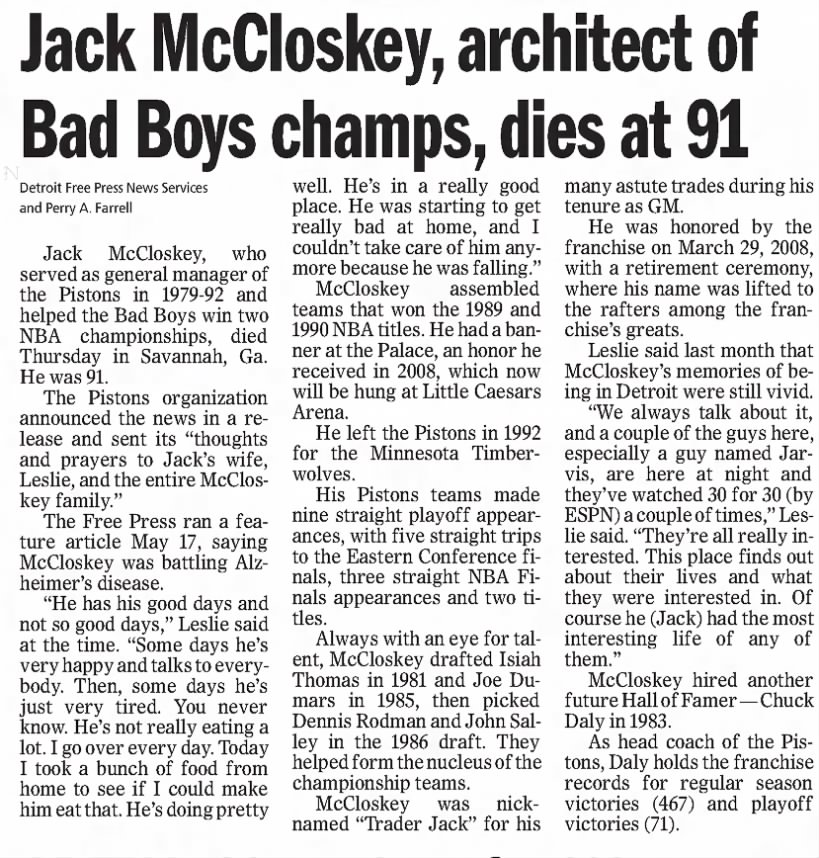 Jack McCloskey, architect of Bad Boys champs, dies at 91