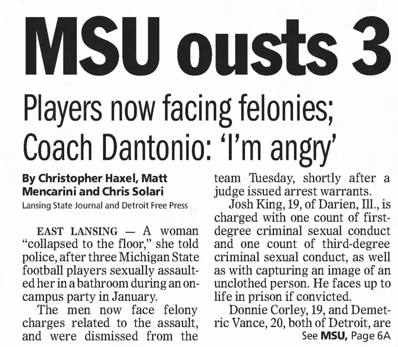 MSU ousts 3 charged in sex assault