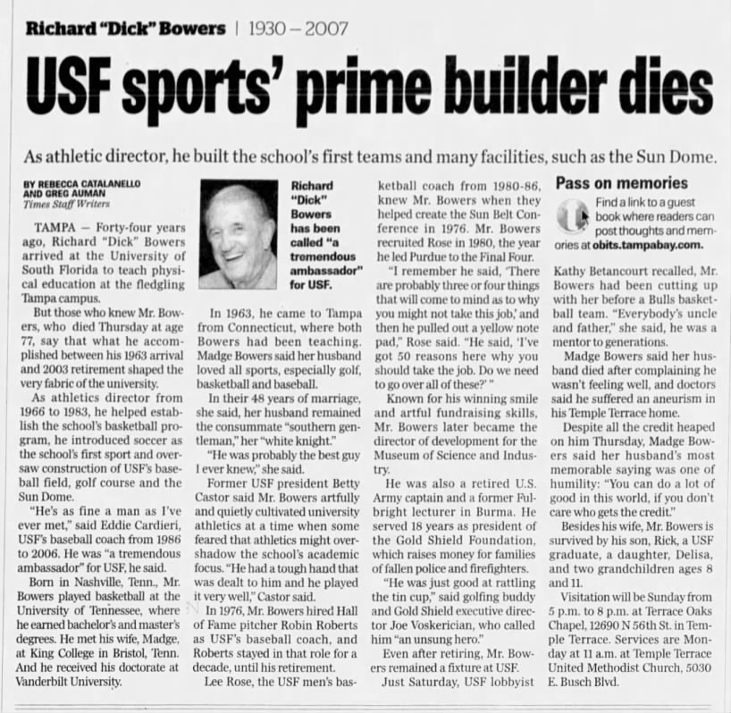 Richard "Dick" Bowers 1930-2007: USF sports' prime builder dies