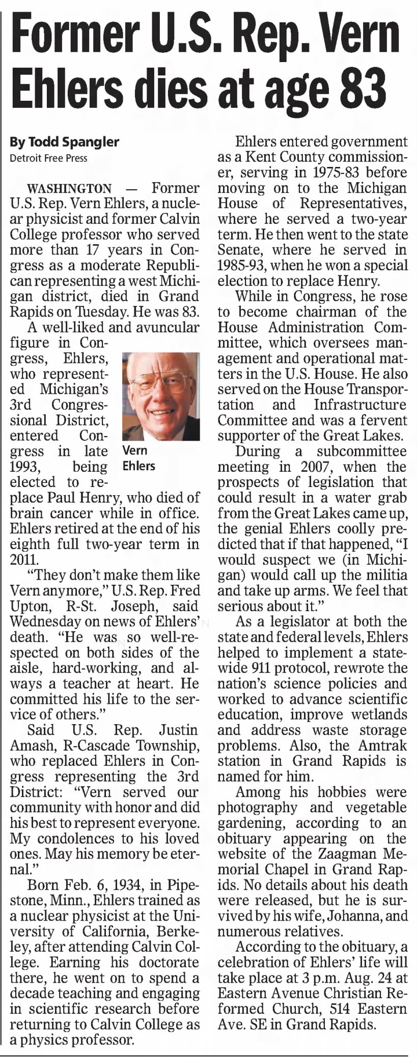 Former U.S. Rep. Vern Ehlers dies at age 83