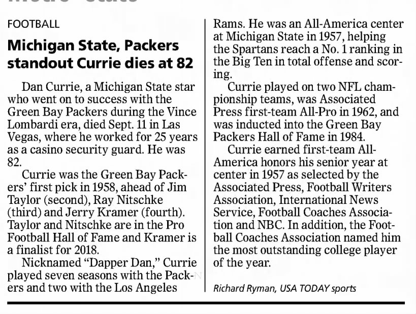 Michigan State, Packers standout Currie dies at 82