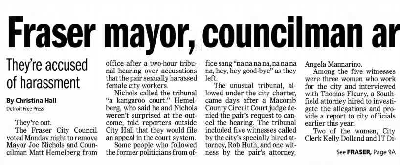 Fraser mayor, councilman are out of office