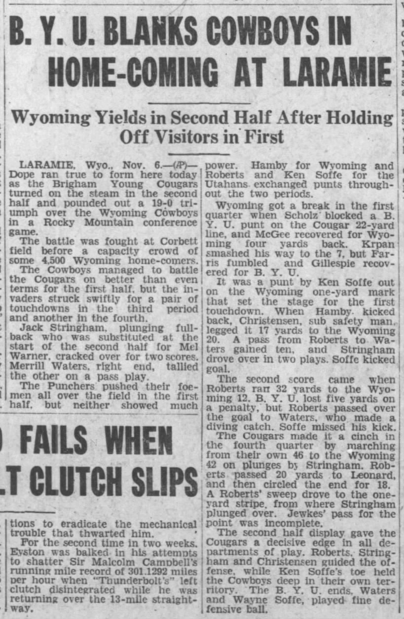 B.Y.U. Blanks Cowboys In Home-Coming at Laramie: Wyoming Yields in Second Half After Holding Off Vis