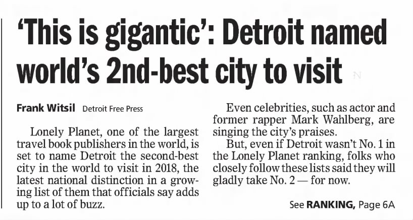 Detroit named world's 2nd-best city to visit