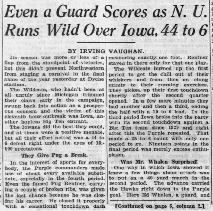 Even a Guard Scores as N.U. Runs Wild Over Iowa, 44 to 6