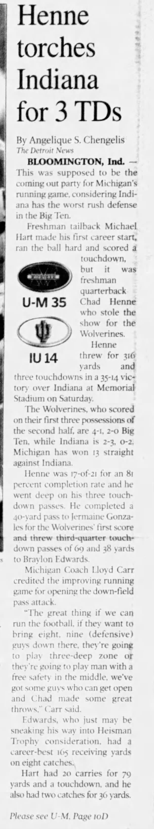 U-M sizzles; Henne torches Indiana for 3 TDs