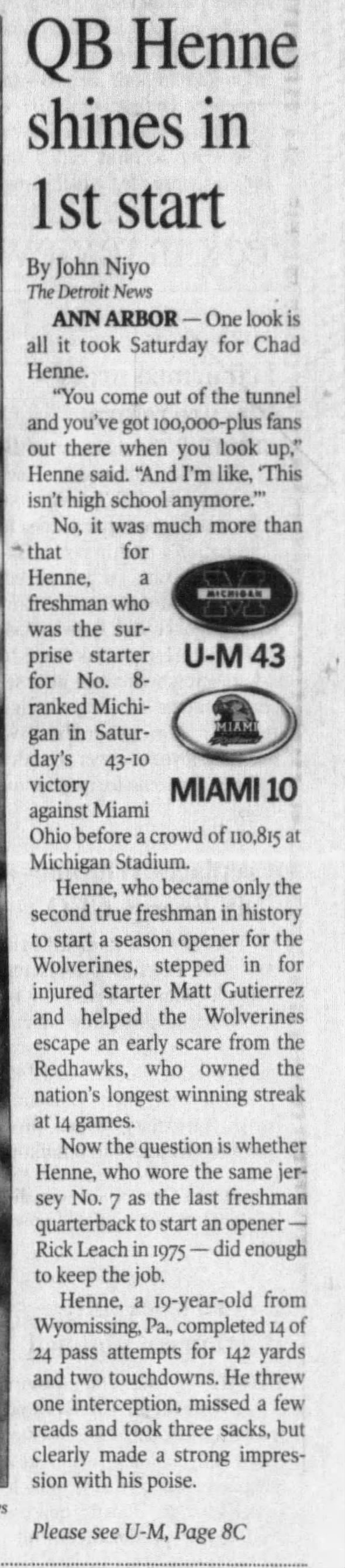 U-M rolls over Miami; QB Henne shines in 1st start