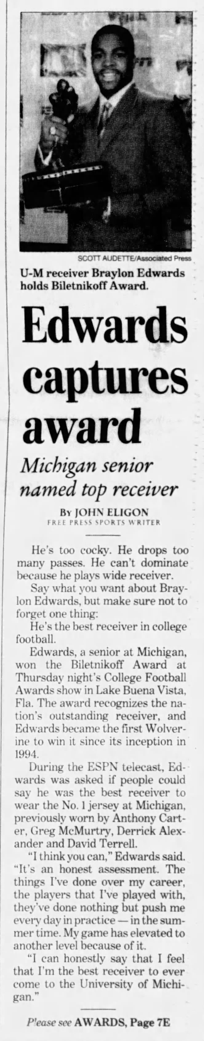 Edwards captures award: Michigan senior named top receiver
