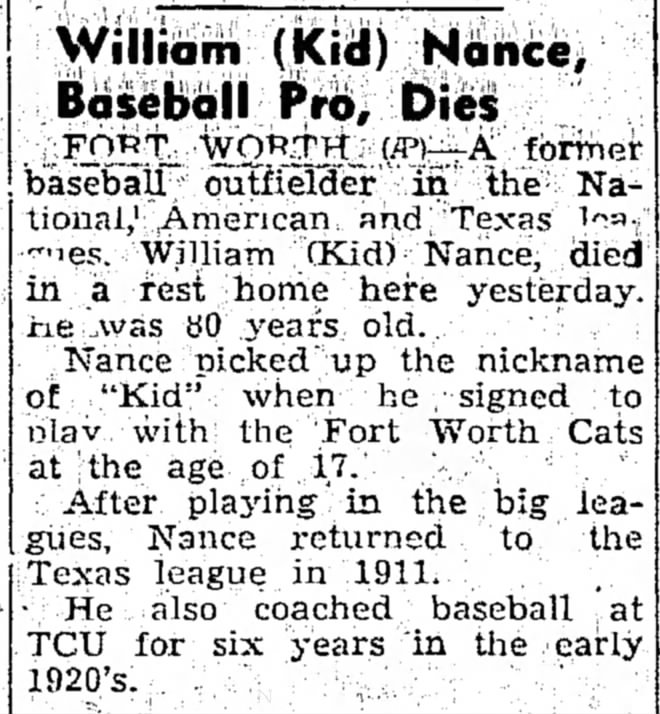 William (Kid) Nance, Baseball Pro, Dies