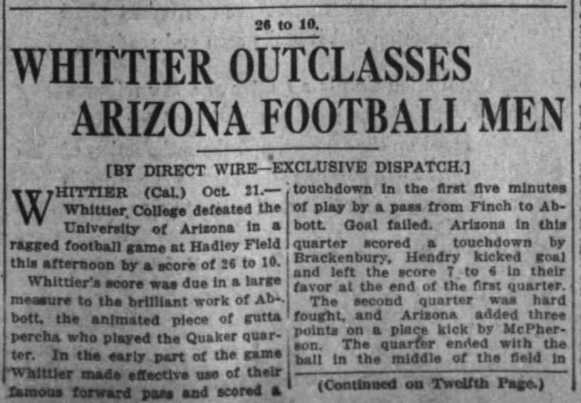 26 to 10: Whittier Outclasses Arizona Football Men