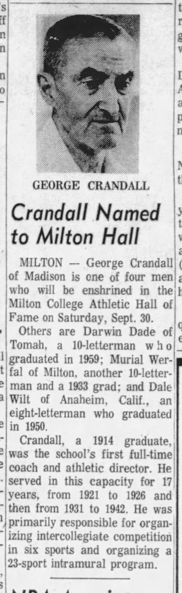 Crandall Named to Milton Hall