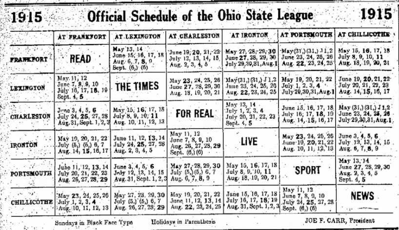 Official Schedule of the Ohio State League
