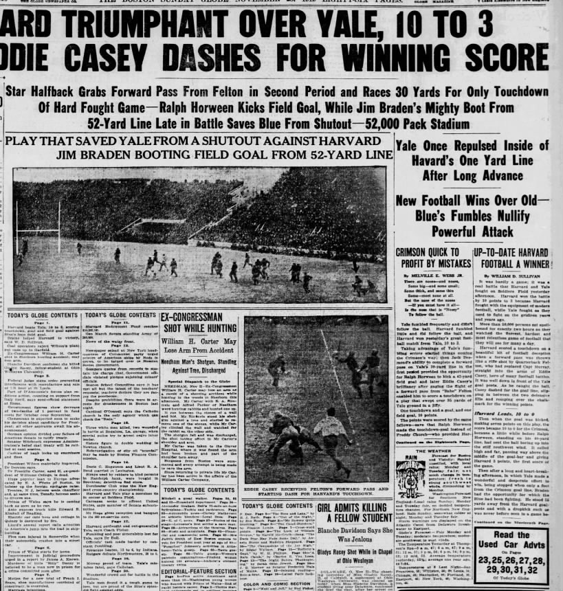 Harvard Triumphant Over Yale, 10 to 3: Eddie Casey Dashes for Winning Score