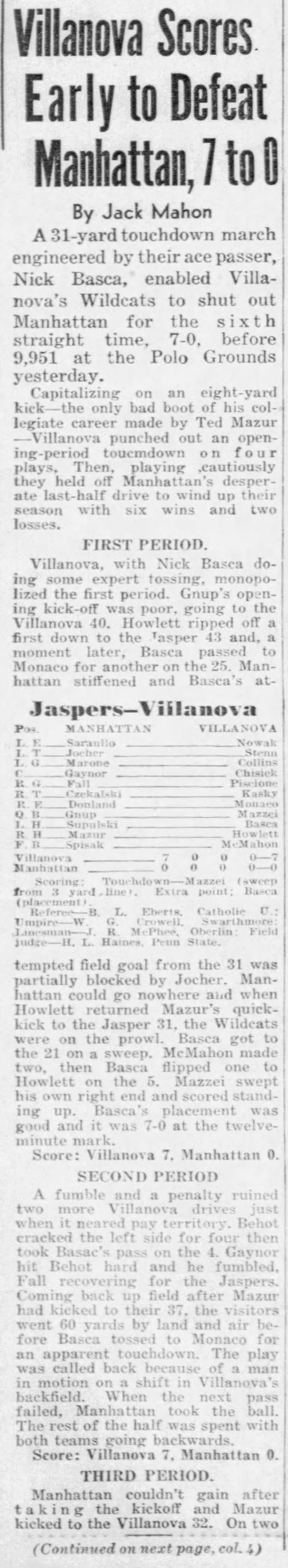 Villanova Scores Early to Defeat Manhattan, 7 to 0