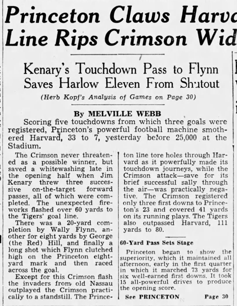 Princeton Claws Harvard, 33-7; Line Rips Crimson Wide Ope