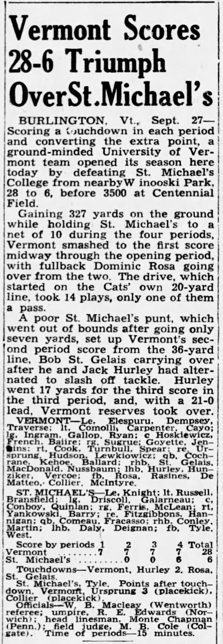 Vermont Scores 28-6 Triumph Over St. Michael's